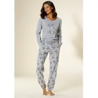 Vivance Pyjama DREAMS, Damen, Gr. 32/34, grau (hellgrau), Single Jersey, Obermaterial: 90% Baumwolle, 10% Polyester, bequem lang, Rundhals, Rippbündchen, Homewear-Sets Pyjama, mit süßem Bärchen-Druck