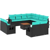 vidaXL 12-teiliges Gartensofa-Set mit Kissen, schwarzes Polyrattan