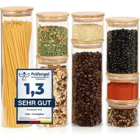 CLIDOR Vorratsglas mit Bambusdeckel, 0,2 - 1,2 Liter, rund, luftdicht, Set, 8-teilig