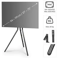 Hama 00220870, 94 cm (37"), 190,5 cm (75"), 300 x 200 mm, 600 x 400 mm, Metall, Schwarz