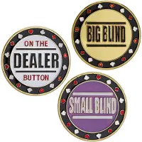 Relaxdays Poker Button Set, 3-teilig, Dealer Button, Big Blind & Small Blind, inkl. Schutzhüllen, Ø 4 cm, je 30 g, gold