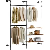 SoBuy Industrie-Kleiderständer mit 3 Stangen und 3 MDF-Einlegeböden, robuster offener Kleiderschrank, industriell schwarz KLS18-SCH