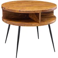 Wohnling Couchtisch Sheesham Massivholz rund Ø 60 cm – Wohnzimmertisch mit Ablage & schwarzen Metallbeinen | Retro Design | handgefertigtes Unikat