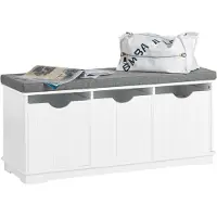SoBuy Schuhschrank mit gepolstertem Sitz - 3 Körbe -Rural - Max. 120 kg -100 x 36 x 46 cm - Weiß / Grau