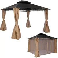 Mendler Hardtop Pergola HWC-M81, Pavillon, Aluminium Dachstreben 7cm-Stahlgestell mit Seitenwand und Moskitonetz 3,6x3m creme