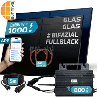 SUNNIVA 1000W Balkonkraftwerk BIFAZIAL FULLBLACK komplett Steckdose ASTRO-E 800 Watt Wechselrichter, Solaranlage Komplettset, 2x 500W N-Type Glas Bifacial Solarmodule, 5m Kabel, 4x 1m Solarkabel