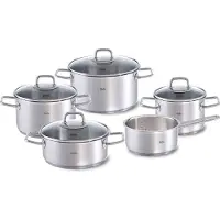 Fissler Viseo / Edelstahl-Topfset, 5-teilig, Kochtopf-Set, Töpfe mit Glas-Deckel, Induktion, alle Herdarten (3 Kochtöpfe, 1 Bratentopf, 1 Stielkasserolle-deckellos)