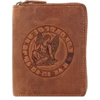 Greenburry Geldbörse Herren Leder braun antik Vintage mit Sternzeichen Prägung Portemonnaie mit Reißverschluss 821A-JUNGFRAU