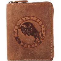 Green Burry Greenburry Geldbörse Herren Leder braun antik Vintage mit Sternzeichen Prägung Portemonnaie mit Reißverschluss 821A-STIER