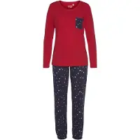 Vivance Pyjama DREAMS, Damen, Gr. 32/34, rot (rot, navy), Single Jersey, Obermaterial: 100% Baumwolle, bequem lang, Rundhals, Homewear-Sets Pyjama, mit niedlichem Herzen-Sterne-Druck, Topseller