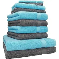 Betz 10-tlg. Handtuch-Set PREMIUM 100%Baumwolle 2 Duschtücher 4 Handtücher 2 Gästetücher 2 Waschhandschuhe Farbe Türkis & Anthrazit Grau