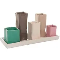 H&D Manufaktur Jinfa Handgefertigte kleine Keramik Deko Blumenvasen Set aus 5 Vasen in bunt auf einem Tablett