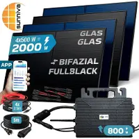 SUNNIVA 2000W Balkonkraftwerk BIFAZIAL FULLBLACK komplett Steckdose ASTRO-E 800W Wechselrichter, PV Solaranlage, 5m Kabel, Bluetooth WIFI