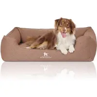 Knuffelwuff Kuschelwuff orthopädisches Hundebett Leano aus Velours mit handgewebtem Charakter XXL 120 x 85cm hellbraun