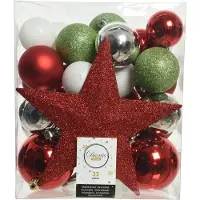 Décoris 33 Weihnachtskugeln Christbaumspitze Stern Kunststoff Christbaumkugeln mix rot