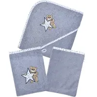 Wörner Handtuch Set "Teddy/Stern Kapuzenbadetuch mit 2 Waschhandschuhen" mit süßer Teddystickerei