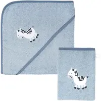 Wörner Handtuch Set "Zebra blau Kapuzenbadetuch 100/100 mit Waschhandschuh" mit süßer Zebrastickerei
