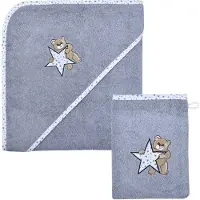 Wörner Handtuch Set WÖRNER "Teddy/Stern Kapuzenbadetuch 100/100 mit Waschhandschuh", grau, 2 Stk., Stern, Frottier, Frottier, Obermaterial: 100% Baumwolle, Handtücher, Handtuch Set, mit süßer Teddystickerei
