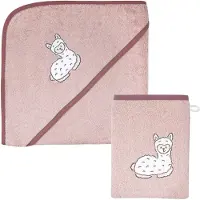 Wörner Handtuch Set "Lama rosa Kapuzenbadetuch 100/100 mit Waschhandschuh" mit süßer Lamastickerei