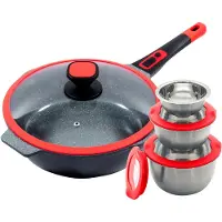 King Bratpfanne "Click-Grip" Aluminiumguss Set, 3 Ø17.5 Ø14.5cm Ø12cm mit Deckeln, 1 Pfanne Ø32cm mit Glasdeckel, 8 Stk. tlg. Induktion, mit Glasdeckel, abnehmbarer Pfannengriff, 32 cm