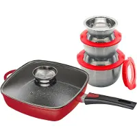 King Bratpfanne "Square" Aluminiumguss Set, 3 Schüsseln Ø17. Ø14.5 Ø12cm mit Deckeln, 1 Pfanne 28x28cm mit Deckel, 8 Stk. tlg. Induktion, Glasdeckel m. Aromaknopf, abnehmbarer Pfannengriff,28x28 cm