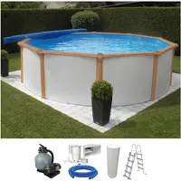 Kwad Rundpool "White Timber inkl. Sicherheitsleiter und Zubehör" 5-tlg 3,6, 5,5 oder 4,6 m Durchmesser, Höhe: 1,32m, mit blauer Folie