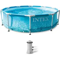 Voordeeldrogisterij , Frame Swimming Pool Set "Beachside", blau, Ø 305 x 76 cm, Inkl. Kartuschenfilteranlage