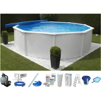 Kwad Rundpool "Supreme weiß inkl. Sicherheitsleiter und umfangreichem Zubehör" 10-tlg., Höhe: 132 cm, inkl. Wasserpflegeset, blaue Innenfolie