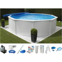 Kwad Rundpool "Supreme weiß inkl. Sicherheitsleiter und umfangreichem Zubehör" 10-tlg., Höhe: 132 cm, inkl. Wasserpflegeset, blaue Innenfolie