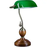 Relaxdays Bankerlampe Holzfuß, Retro Schreibtischlampe, Messing-Optik, HxBxT:26,5x43x18cm, Holz/Glas/Metall, grün