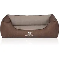 Knuffelwuff orthopädisches Hundebett „Outlander“ aus lasergestepptem Kunstleder, Größe M-L (85 x 63 cm), braun/grau