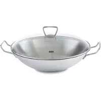 Fissler Kunming / Edelstahl-Wok (Ø 36 cm) große Wok-Pfanne unbeschichtet,Asiapfanne mit Glas-Deckel, inkl. Gittereinsatz, alle Herdarten - auch Induktion