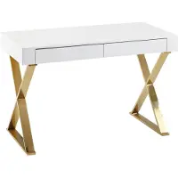Wohnling Schreibtisch 118x76x57 cm Holz Hochglanz Weiß Metallbeine Golden Design Computertisch PC-Tisch Bürotisch Modern Konsolentisch Schubladen