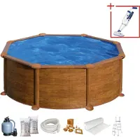 Gre Runder Stahlwandpool mit Holzoptik KITPR358WO – Ø 350 x 132 cm, Komplettset + GRATIS Elektrischer Poolreiniger VCB50