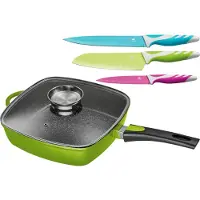 King Bratpfanne Aluminiumguss Set, 1 Eckpfanne, 1 Glasdeckel, 3 Messer, 5 Stk. tlg. 28x28 cm, abnehmbarer Griff, Induktion, Aromaknopf