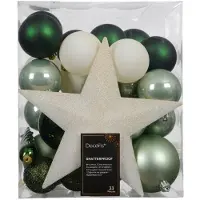 Décoris Weihnachtskugeln mit Christbaumspitze aus Kunststoff bruchsicher Ø 5, 6, 8 cm grün-beige 33 Stück GFM20051651e