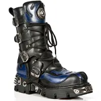 New rock Unisex Schwarz/Blau Leder Gothic Biker Totenkopf Stiefel-107-C5