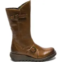 Fly london Damen MES 2 Plateaustiefel mit Keilabsatz, Schnalle, halbhoher Schaft, Leder, Reißverschluss, Kamel