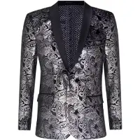 TruClothing Klassischer Smoking-Blazer aus schwarzem Samt mit silbernem Paisley-Muster für Herren