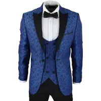 TruClothing Blauer Herren-Smoking-Blazer, Brokat-Weste, schwarzer Satin-Paisley-Dinner-Jacke