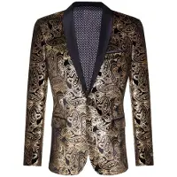 TruClothing Klassischer Smoking-Blazer für Herren aus schwarzem Samt mit goldenem Paisleymuster und maßgeschneiderter Passform