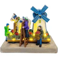 Santaville Blumenparade mit Kuh an der Mühle mit LED-Polyresin 19 cm (multi)