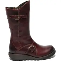 Fly london Damen MES 2 Plateaustiefel mit Keilabsatz, Schnalle, halbhoher Schaft, Leder, Reißverschluss, Weinrot