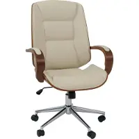 Mendler Bürostuhl MCW-O83, Drehstuhl Chefsessel , Kunstleder (280g/m²) Bugholz MVG- Walnuss-Optik creme