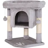 Lionto Kratzbaum für Katzen 60 cm, mit Kuschelhöhle, Plüschbällen & robusten Sisalstämmen, platzsparend & modern, hellgrau