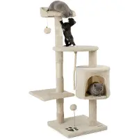 Lionto Kratzbaum für Katzen 112 cm hoch, mit Höhle, Sisalseil, Plüschbällen & Wandhalterung, kompakter Kletterbaum, beige