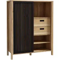 Forte JYTANA Schrank 100 105, skandinavischer Schrank mit 2 Schubladen, Schranktür und 3 offenen Fächern, Mauvella Eiche mit Schwarz, 103,4 cm breit x 129,9 cm hoch x 40,2 cm tief