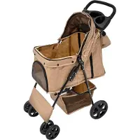MonsterShop Haustierwagen mit Regenabdeckung und Fronttasche – gewebtes Beige