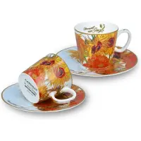 Markenlos Espressotassen-Set mit Untertassen, Ziermotiv 'Sonnenblumen' - 125 ml