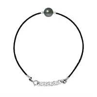 Diadema Bracelet LOVE LINK Perle de Tahiti Ronde 8-9 mm Lien Nylon Noir Argent 925